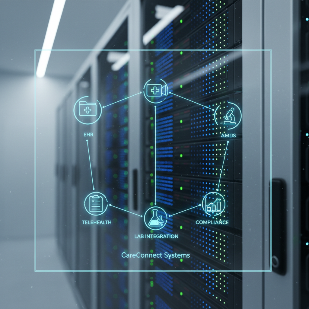 A close-up, photographic view of a secure cloud server rack in a pristine healthcare data center, featuring matte black server units with tiny blue and green status LEDs forming orderly patterns. On a transparent overlay in front of the servers, glowing holographic-style icons for EHR, telehealth, lab integration, analytics, and compliance float in a semi-circle, connected by thin, luminous lines representing data flow. Cool, controlled overhead LED lighting creates subtle reflections on metal surfaces and a calm, high-tech ambiance. The composition uses a low, slightly angled perspective with shallow depth of field so the foreground icons are sharp while the servers gradually blur, emphasizing reliability, security, and the integrated nature of the CareConnect Systems cloud platform.