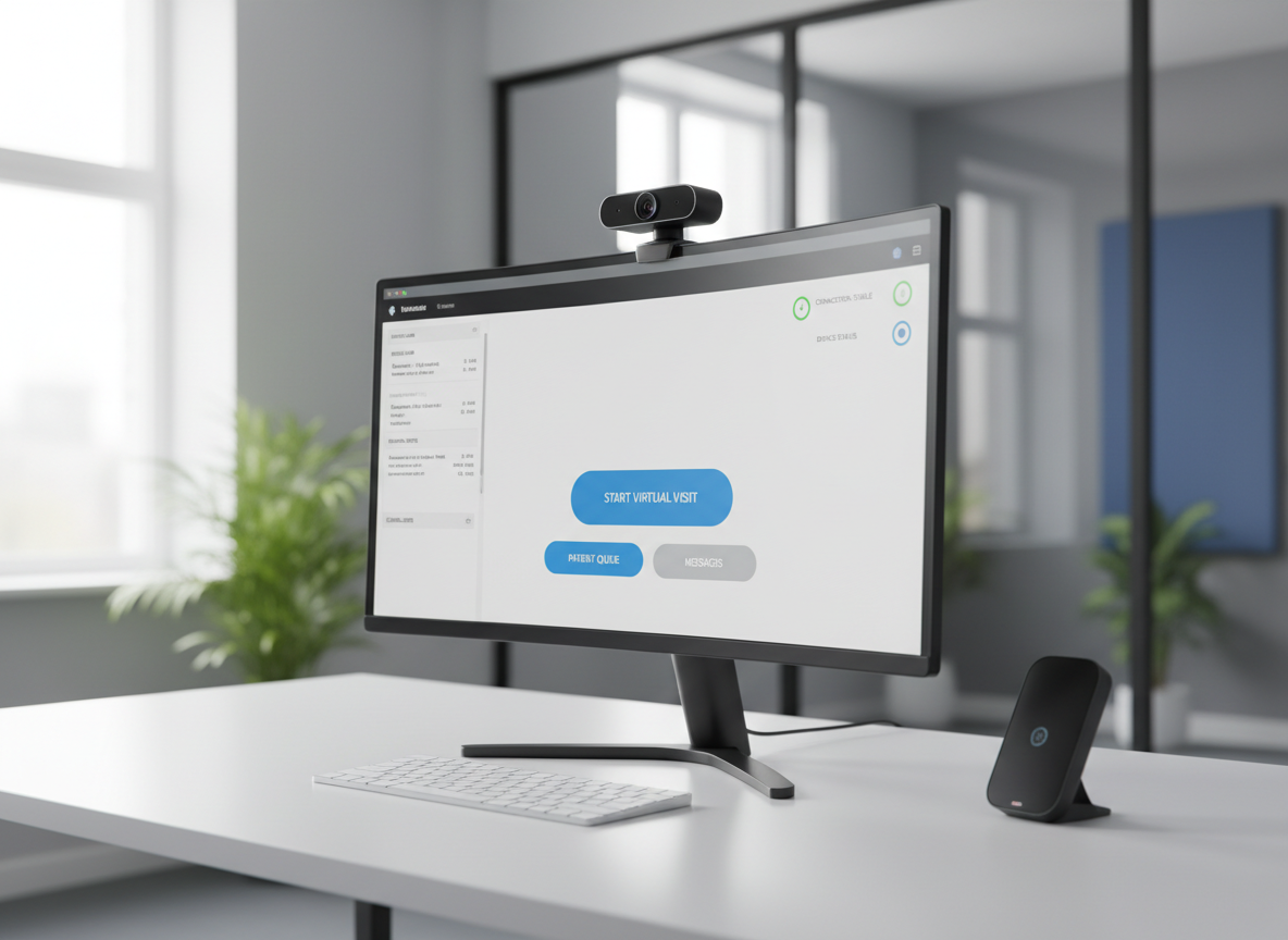 A telehealth-centric workstation featuring a high-resolution curved monitor displaying a clean, user-friendly telemedicine interface with large, clearly labeled buttons, connection status indicators, and a side panel showing integrated EHR notes and lab results. A professional-grade webcam sits atop the monitor, and a discreet noise-canceling microphone rests next to a slim wireless keyboard on a matte white desk. The background hints at a quiet, glass-partitioned office with muted grey and soft blue tones. Bright but diffused daylight from a nearby window highlights the edges of the monitor and accessories, creating a calm, trustworthy atmosphere. Photographic realism, shot from a three-quarter angle with moderate depth of field, focuses on the harmonized integration of telehealth with clinical data.