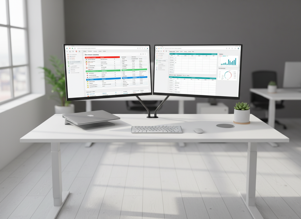 An organized, clutter-free digital workspace on a white sit-stand desk featuring a dual-monitor setup displaying different modules of a healthcare SaaS platform. One monitor shows an EHR patient summary with color-coded alerts and medication lists, while the other highlights practice management tools like scheduling grids and billing dashboards. A closed, slim silver laptop and a wireless keyboard sit neatly beside a small, minimalist plant in a white ceramic pot. Soft daytime light from a large off-frame window bathes the scene, creating gentle shadows and a calm, productive mood. Captured in photographic realism from a slightly elevated angle using the rule of thirds, the background fades into a subtle blur of a modern office, emphasizing order, efficiency, and focus.