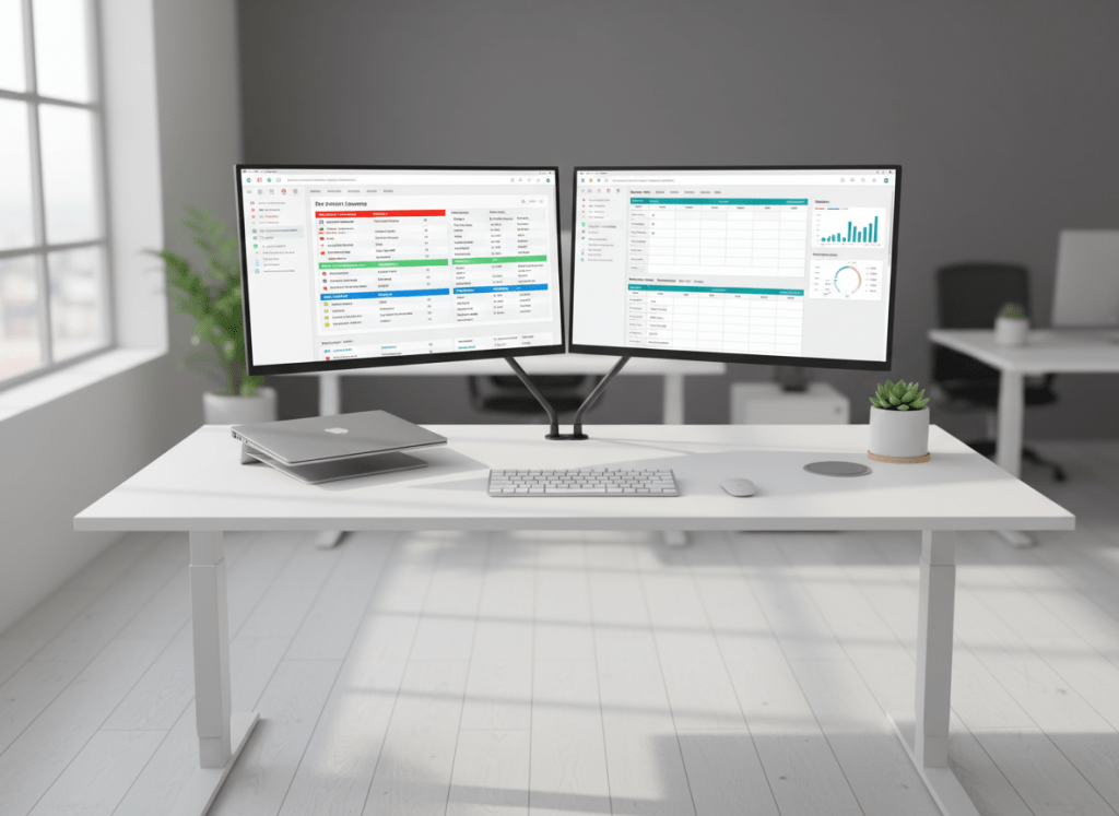 An organized, clutter-free digital workspace on a white sit-stand desk featuring a dual-monitor setup displaying different modules of a healthcare SaaS platform. One monitor shows an EHR patient summary with color-coded alerts and medication lists, while the other highlights practice management tools like scheduling grids and billing dashboards. A closed, slim silver laptop and a wireless keyboard sit neatly beside a small, minimalist plant in a white ceramic pot. Soft daytime light from a large off-frame window bathes the scene, creating gentle shadows and a calm, productive mood. Captured in photographic realism from a slightly elevated angle using the rule of thirds, the background fades into a subtle blur of a modern office, emphasizing order, efficiency, and focus.